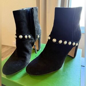 Kate Spade size 10 black suede Stunner booties with faux pearl detail